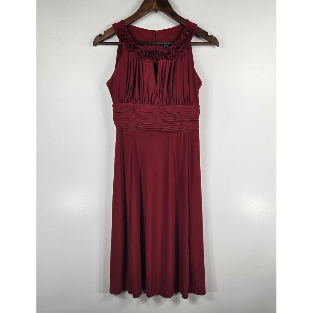 Dressbarn Collection Size 4 Red Halter Pleated Ruffled Jeweled Dress Sleeveless